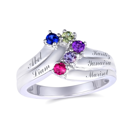 Mother's Family Birthstone Asymmetric Contoured Ring (1-5 Stones and 2-5 Lines)