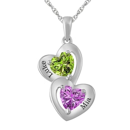Couple's Birthstone Double Heart Necklace (2 Stones and Lines)
