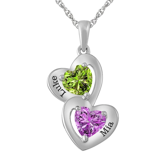 Couple's Birthstone Double Heart Necklace (2 Stones and Lines)