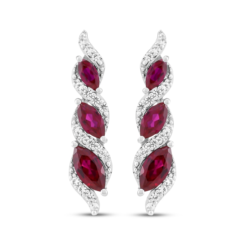 Main Image 2 of Marquise-Cut Lab-Created Ruby & White Lab-Created Sapphire Graduated Three-Stone Drop Earrings Sterling Silver