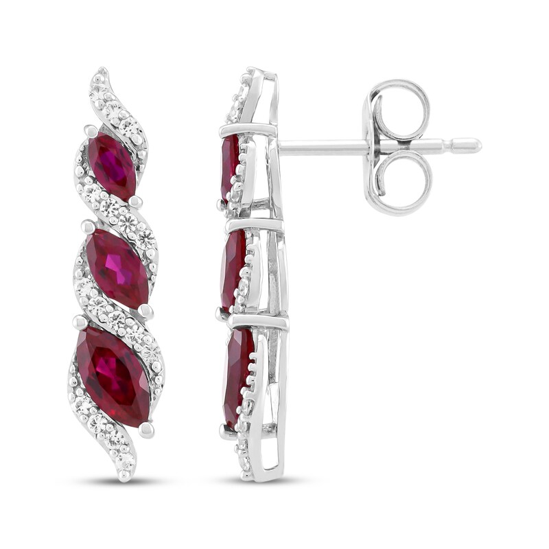 Main Image 3 of Marquise-Cut Lab-Created Ruby & White Lab-Created Sapphire Graduated Three-Stone Drop Earrings Sterling Silver