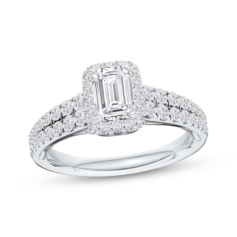 Main Image 1 of Certified Emerald-Cut Diamond Halo Engagement Ring 1 ct tw Platinum