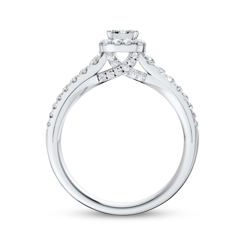 Main Image 3 of Certified Emerald-Cut Diamond Halo Engagement Ring 1 ct tw Platinum