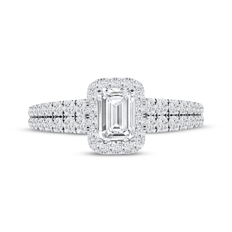 Main Image 4 of Certified Emerald-Cut Diamond Halo Engagement Ring 1 ct tw Platinum