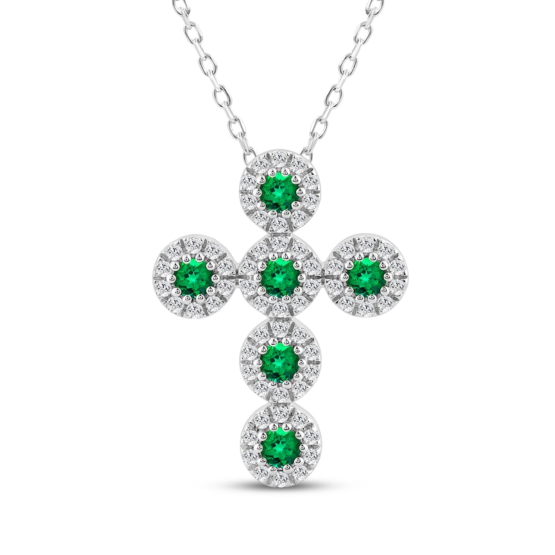 Main Image 1 of Lab-Created Emerald & White Lab-Created Sapphire Cross Necklace Sterling Silver 18"