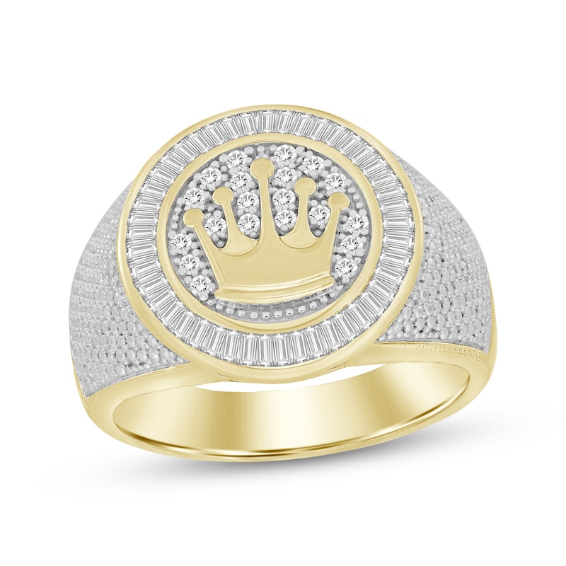 Main Image 1 of Men’s Baguette & Round-Cut Diamond Crown Signet Ring 1/2 ct tw 10K Yellow Gold