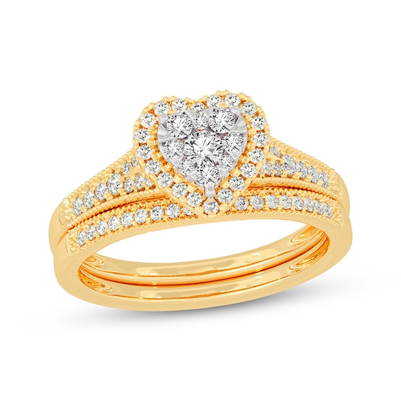 Now + Forever Round-Cut Multi-Diamond Center Heart-Frame Bridal Set 1/2 ct tw 10K Yellow Gold