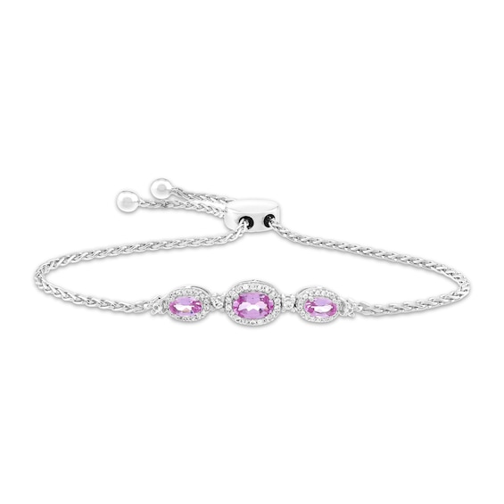 Oval-Cut Pink Lab-Created Sapphire & White Lab-Created Sapphire Halo Three-Stone Bolo Bracelet Sterling Silver 9"