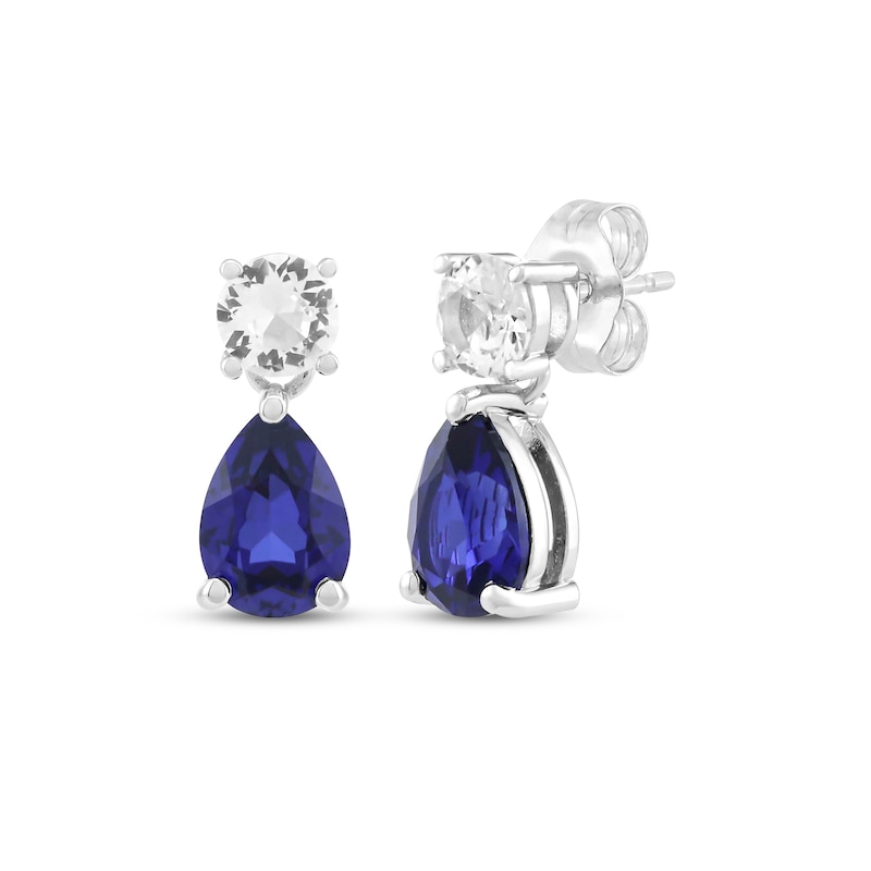 Main Image 1 of Pear-Shaped Blue Lab-Created Sapphire & Round-Cut White Lab-Created Sapphire Dangle Earrings Sterling Silver
