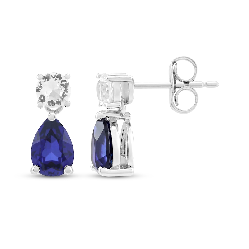 Main Image 3 of Pear-Shaped Blue Lab-Created Sapphire & Round-Cut White Lab-Created Sapphire Dangle Earrings Sterling Silver