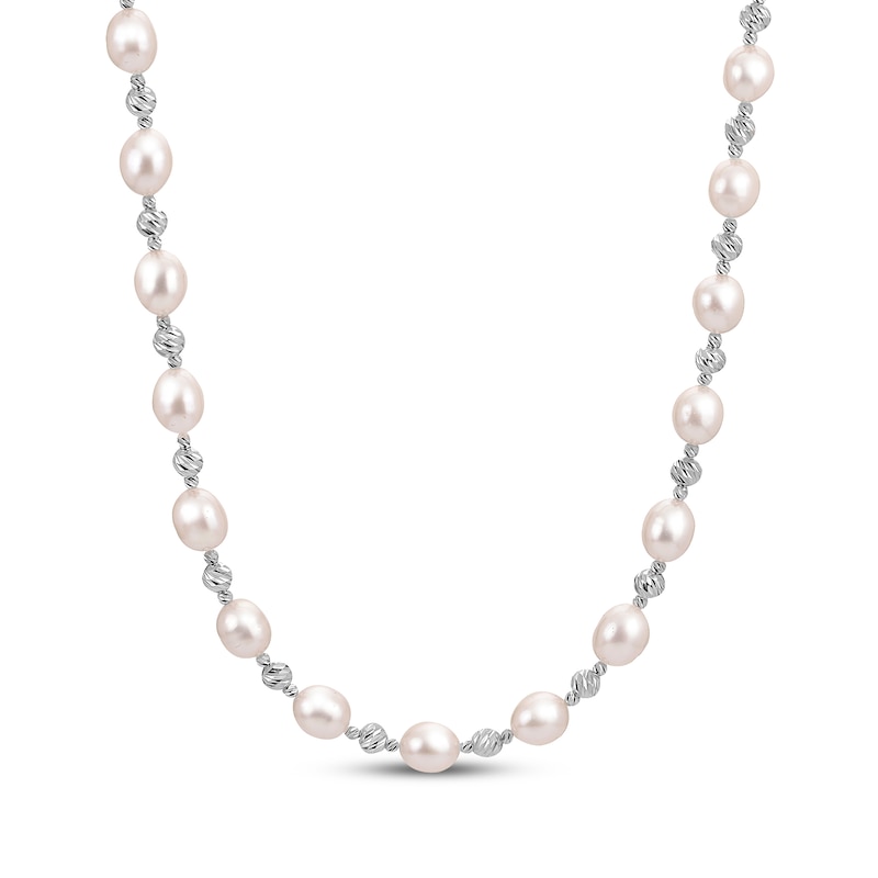 Main Image 1 of Cultured Pearl & Diamond-Cut Bead Necklace Sterling Silver 18"