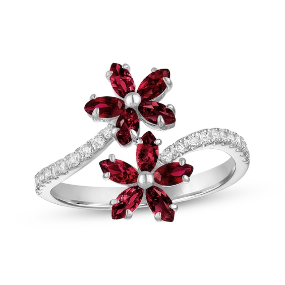 Marquise-Cut Natural Garnet & White Lab-Created Sapphire Flower Bypass Ring Sterling Silver
