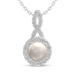 Cultured Pearl & White Lab-Created Sapphire Halo Necklace Sterling Silver 18"