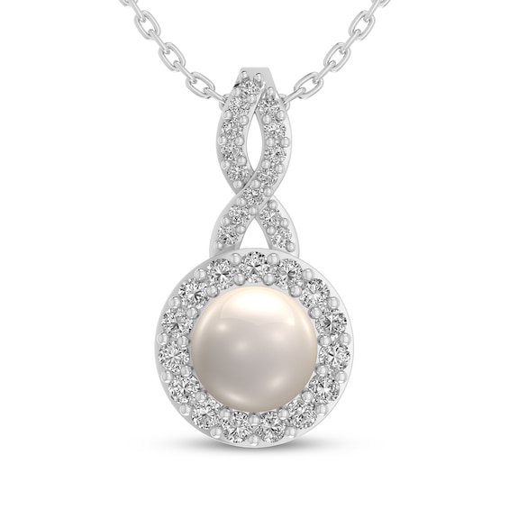 Cultured Pearl & White Lab-Created Sapphire Halo Necklace Sterling Silver 18"
