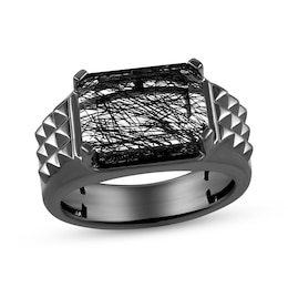 Ink & Ice Men's Octagon-Cut Rutilated Black Quartz Ring Black Rhodium-Plated Sterling Silver