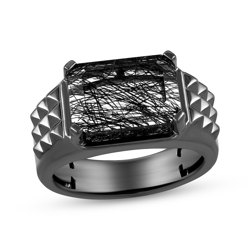 Main Image 1 of Ink & Ice Men's Octagon-Cut Rutilated Black Quartz Ring Black Rhodium-Plated Sterling Silver