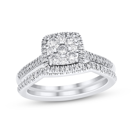 Multi-Diamond Cushion Halo Bridal Set 3/4 ct tw 10K White Gold