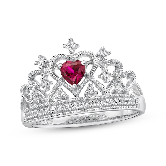 Heart-Shaped Lab-Created Ruby & White Lab-Created Sapphire Tiara Ring Sterling Silver