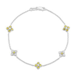 Yellow & White Lab-Created Sapphire Clover Station Bracelet Sterling Silver 7.25"