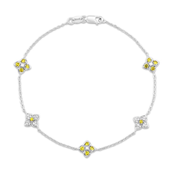 Yellow & White Lab-Created Sapphire Clover Station Bracelet Sterling Silver 7.25"
