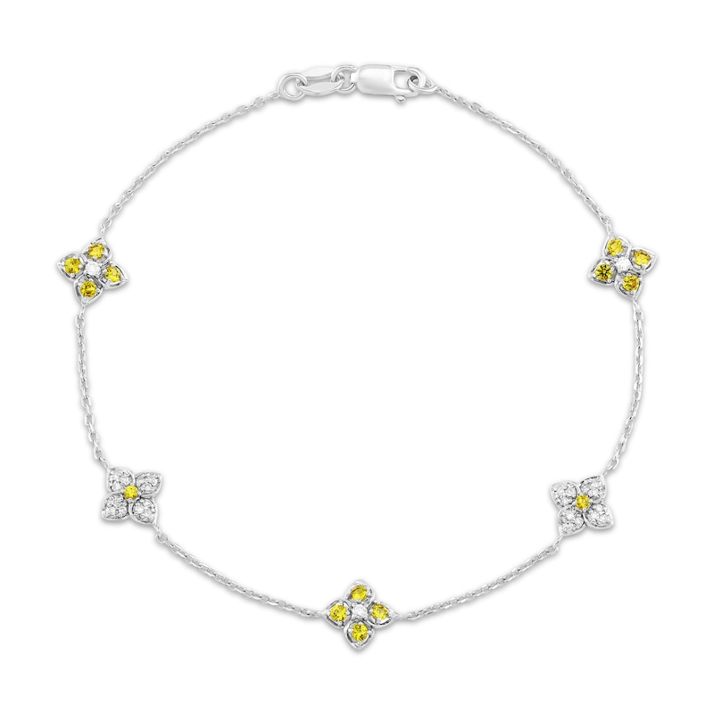 Main Image 1 of Yellow & White Lab-Created Sapphire Clover Station Bracelet Sterling Silver 7.25"