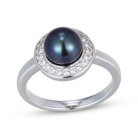 Black Cultured Pearl & White Lab-Created Sapphire Halo Ring Sterling Silver