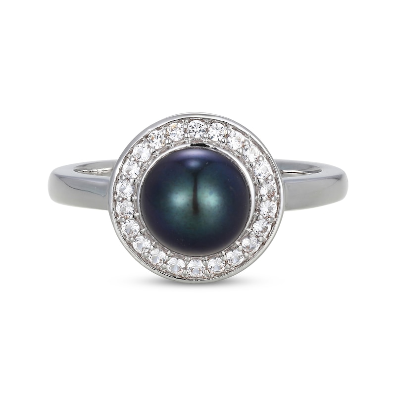Main Image 2 of Black Cultured Pearl & White Lab-Created Sapphire Halo Ring Sterling Silver