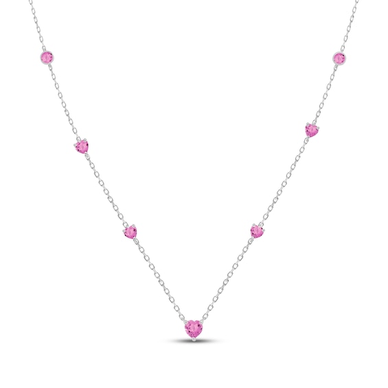 Heart-Shaped Pink Lab-Created Sapphire Station Necklace Sterling Silver 18"