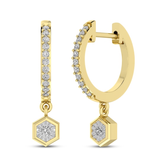 Diamond Hexagon Hoop Drop Earrings 1/8 ct tw 10K Yellow Gold