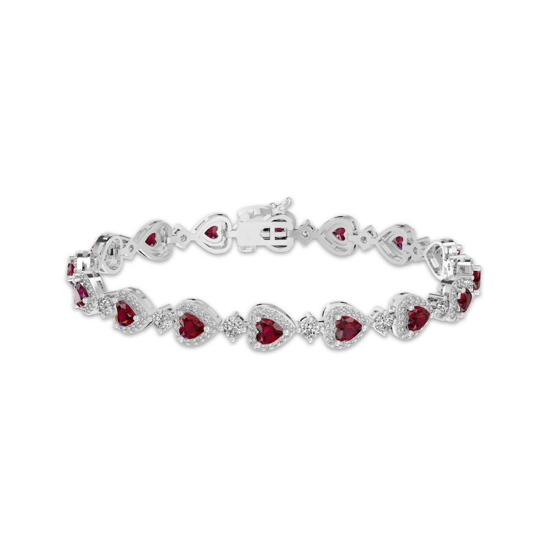 Main Image 1 of Heart-Shaped Lab-Created Ruby & White Lab-Created Sapphire Link Bracelet Sterling Silver 7.25"