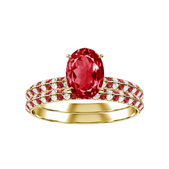 Oval Ruby Bridal Ring and Matching Band