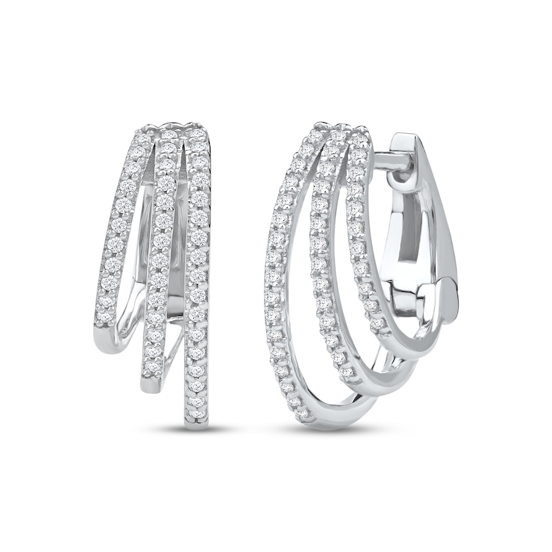 Main Image 1 of Diamond Three-Row Staggered Huggie Hoop Earrings 1/4 ct tw 10K White Gold