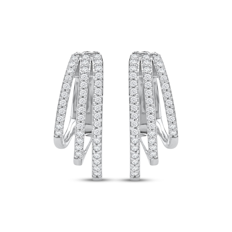 Main Image 2 of Diamond Three-Row Staggered Huggie Hoop Earrings 1/4 ct tw 10K White Gold