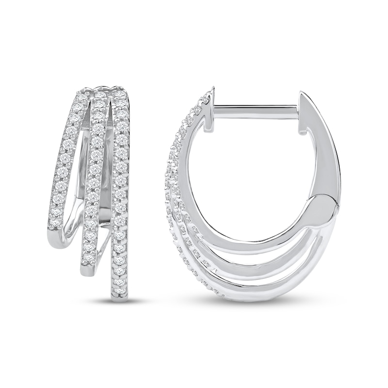 Main Image 3 of Diamond Three-Row Staggered Huggie Hoop Earrings 1/4 ct tw 10K White Gold