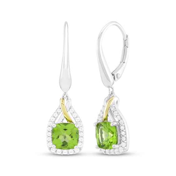 Cushion-Cut Peridot & White Lab-Created Sapphire Drop Earrings Sterling Silver & 10K Yellow Gold