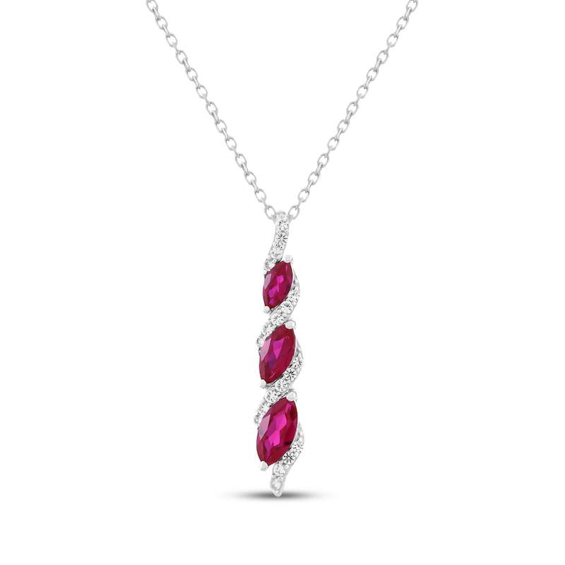 Main Image 1 of Marquise-Cut Lab-Created Ruby & White Lab-Created Sapphire Graduated Three-Stone Drop Necklace Sterling Silver