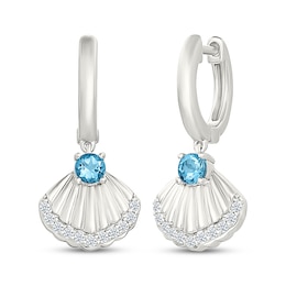 Swiss Blue Topaz & White Lab-Created Sapphire Shell Hoop Dangle Earrings Sterling Silver