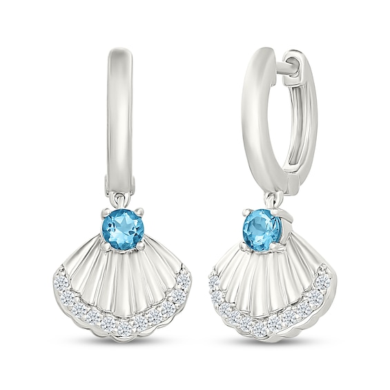 Swiss Blue Topaz & White Lab-Created Sapphire Shell Hoop Dangle Earrings Sterling Silver