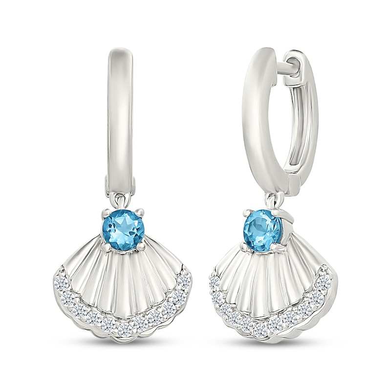 Main Image 1 of Swiss Blue Topaz & White Lab-Created Sapphire Shell Hoop Dangle Earrings Sterling Silver