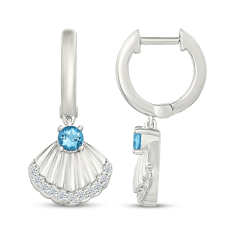 Main Image 3 of Swiss Blue Topaz & White Lab-Created Sapphire Shell Hoop Dangle Earrings Sterling Silver