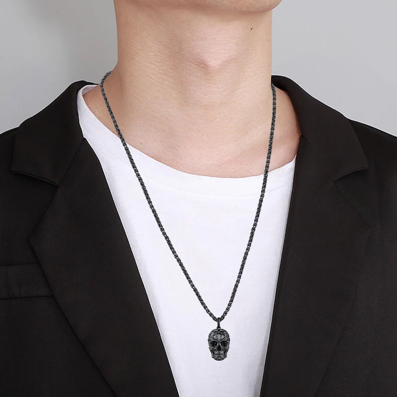 Main Image 2 of Ink & Ice Black Onyx Skull Necklace Black Rhodium-Plated Sterling Silver 22"