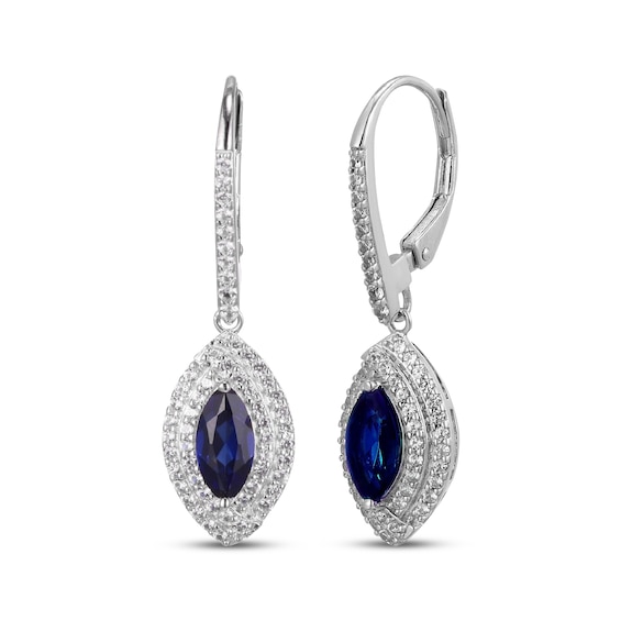 Marquise-Cut Blue Lab-Created Sapphire & White Lab-Created Sapphire Double Halo Drop Earrings Sterling Silver