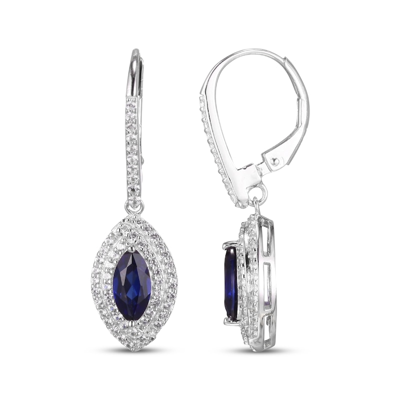Main Image 3 of Marquise-Cut Blue Lab-Created Sapphire & White Lab-Created Sapphire Double Halo Drop Earrings Sterling Silver
