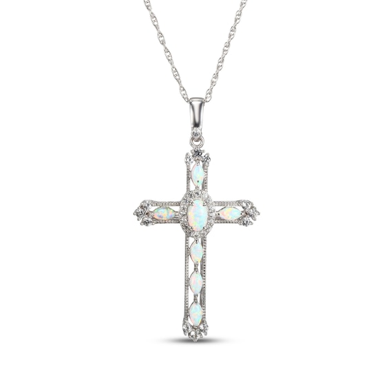 Lab-Created Opal & White Lab-Created Sapphire Cross Necklace Sterling Silver 18"