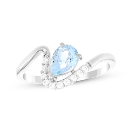Pear-Shaped Aquamarine & White Lab-Created Sapphire Wave Ring Sterling Silver