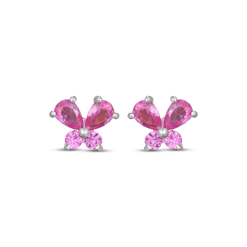 Main Image 2 of Pear-Shaped & Round-Cut Pink Lab-Created Sapphire Butterfly Stud Earrings Sterling Silver