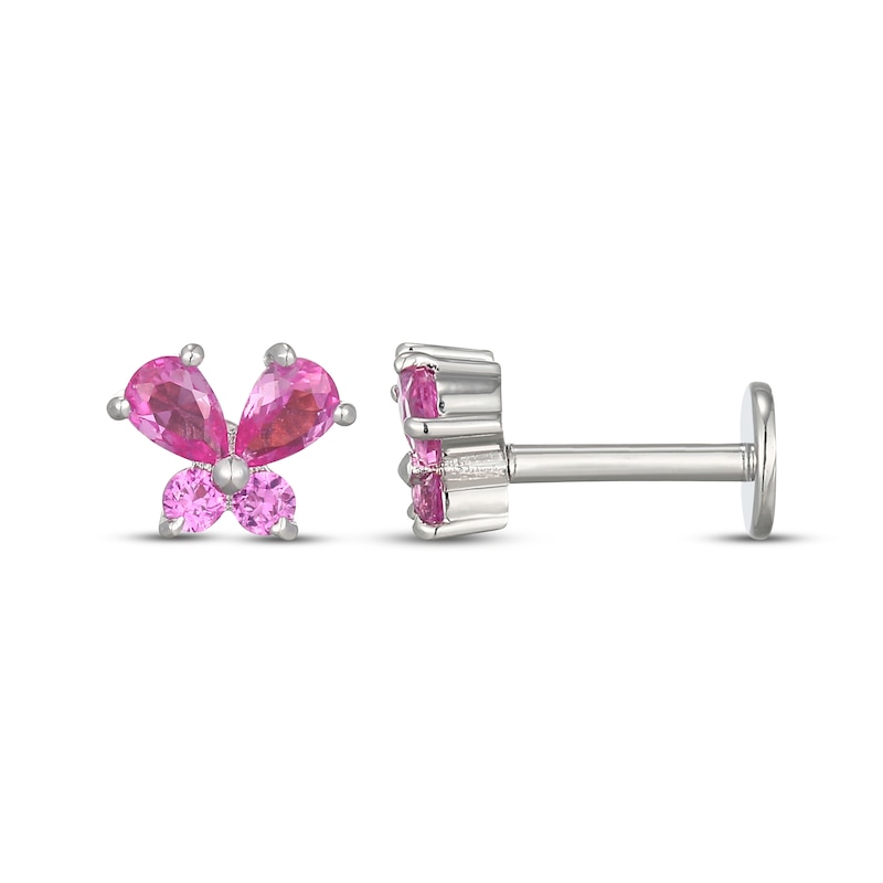 Main Image 3 of Pear-Shaped & Round-Cut Pink Lab-Created Sapphire Butterfly Stud Earrings Sterling Silver