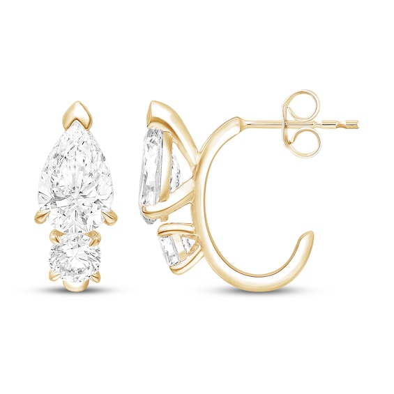 KAY Lab-Grown Diamonds Pear-Shaped & Round-Cut Two-Stone J-Hoop Earrings 3 ct tw 10K Yellow Gold