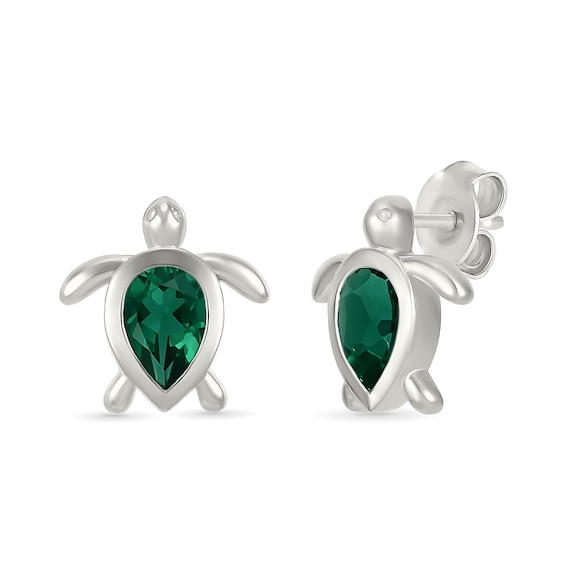 Pear-Shaped Lab-Created Emerald Turtle Stud Earrings Sterling Silver