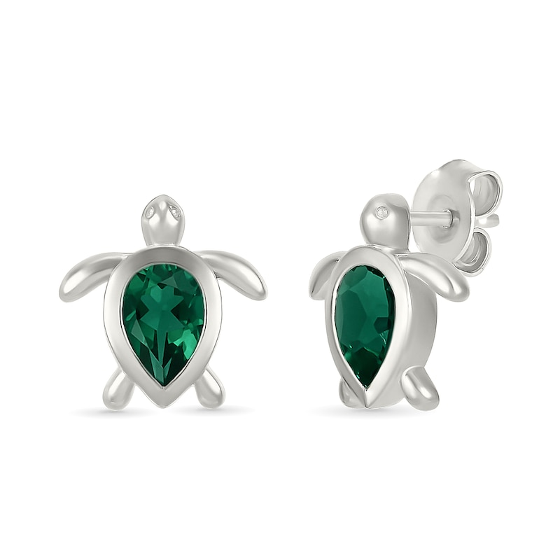 Main Image 1 of Pear-Shaped Lab-Created Emerald Turtle Stud Earrings Sterling Silver